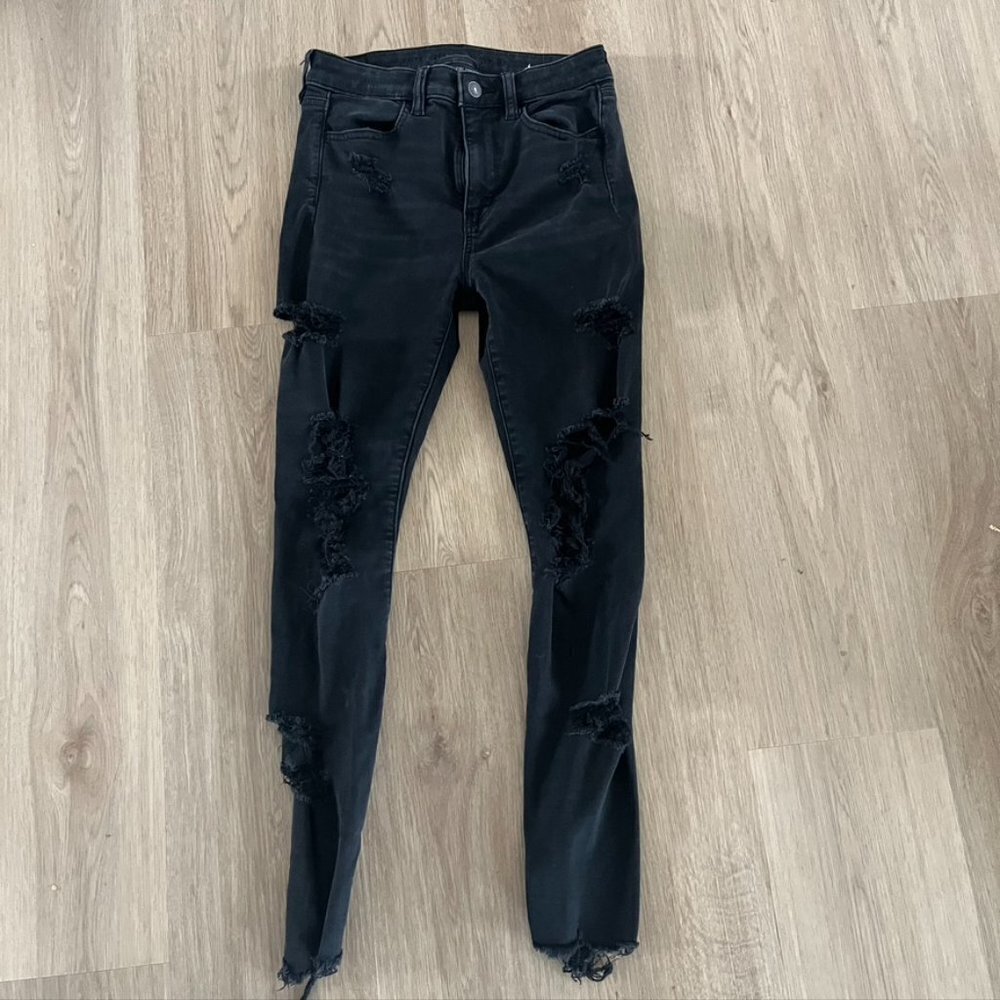 American Eagle Jean Women's Hi-Rise Jegging Super Stretch Black Distressed Sz 4